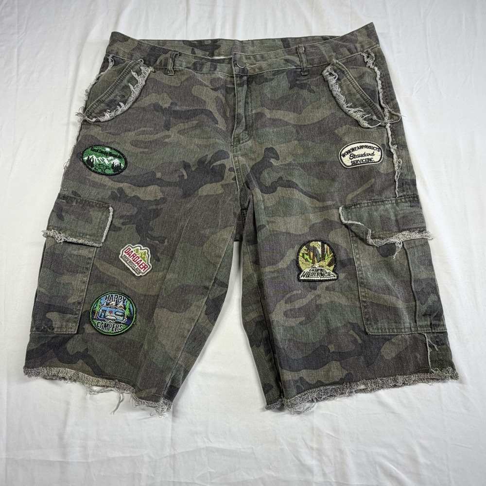Manfinity Camouflage Cargo Shorts Distressed With Patches Raw Hem Xxl Dad Jeans